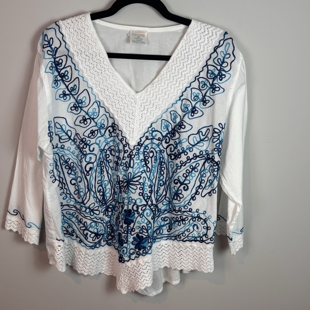 Karina Women's White Blue Embroidered 100% Cotton Boho Peasant Blouse SZ Large